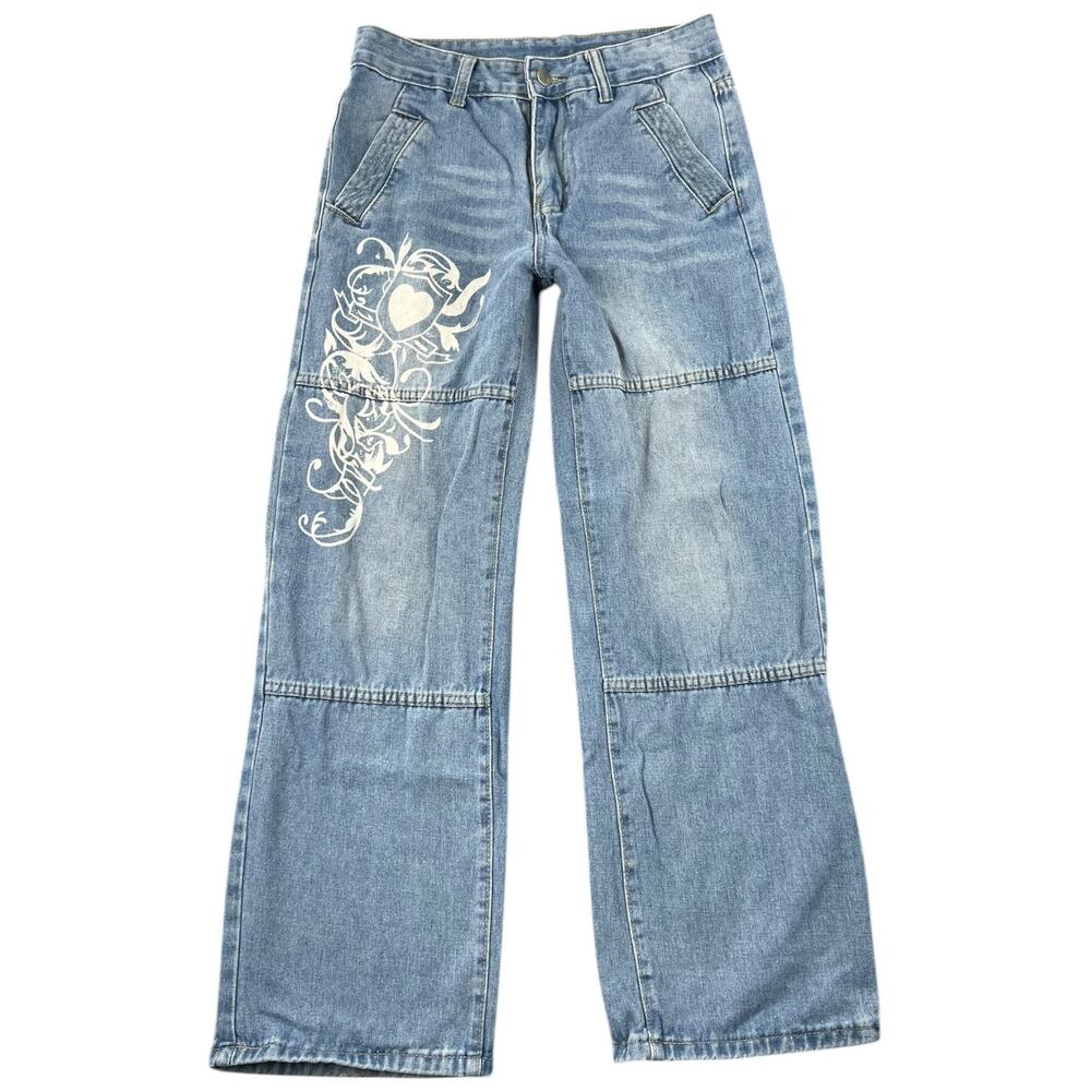 Y2K Jeans Wide Leg Graphic Heart Panel Denim Jeans Light Wash Size M (W28)